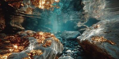 Underwater exploration reveals shimmering gold among rocks and pebbles in a serene aquatic environment photo