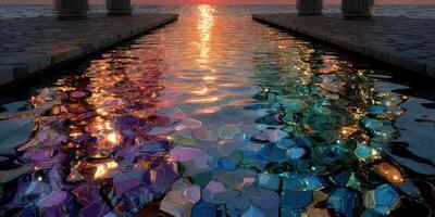 Colorful reflections of sunset on water with columns and serene ambiance near coastlines photo