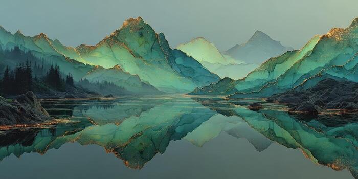 Serene mountain landscape reflecting in calm lake at dawn with soft light illuminating jagged peaks and lush greenery photo