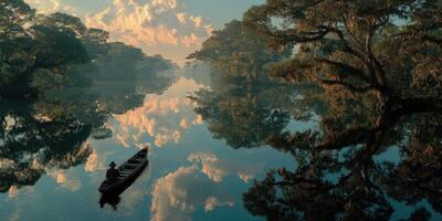 Serene boat ride on a tranquil river reflecting clouds and trees at dawn photo