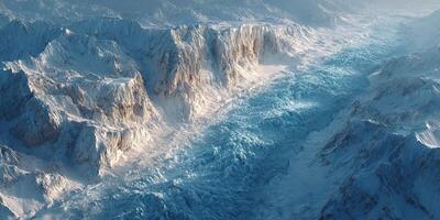 Vast glacial valley with rugged mountains under a clear blue sky at sunrise photo