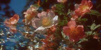 Colorful flowers bloom near a shimmering body of water in a serene garden setting during a sunny day in springtime photo