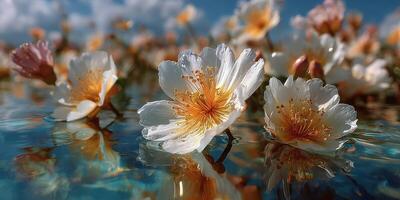 Beautiful blossoms reflect in tranquil water under clear blue sky during springtime daylight photo