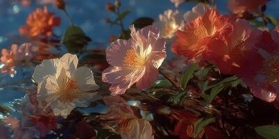 Flowers bloom under soft sunlight near a tranquil body of water during a peaceful afternoon in spring photo