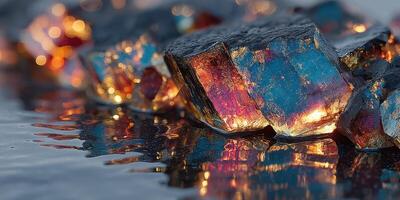 Colorful crystals glimmering on a wet surface under bright light during a daytime close-up photo