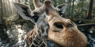 Close encounter with a giraffe near a forested stream in the early morning light photo