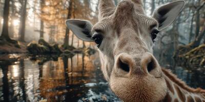 Giraffe approaches tranquil water in a forest at dawn with autumn colors reflecting in the stillness photo