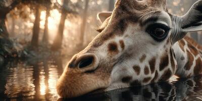 Giraffe drinking water at dawn in misty forest setting providing serene wildlife experience photo