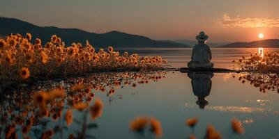 Meditative person by a lake surrounded by sunflowers during sunset in a tranquil landscape photo