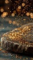 Golden particles shimmer above a wooden surface creating a mesmerizing effect in soft lighting photo