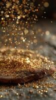Sparkling golden particles fall gracefully over a wooden surface during a creative project indoors photo