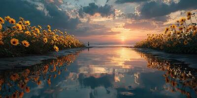 Sunflowers reflect evening glow near tranquil water at sunset by the beach photo