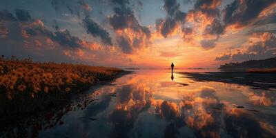 Sunset reflection over water with silhouetted figure near golden wildflowers in tranquil landscape photo