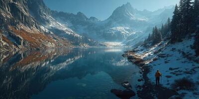 Majestic mountain lake reflecting peaks under clear sky in autumn photo