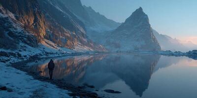 Majestic mountain landscape at dawn with a solitary figure walking by a serene lake photo