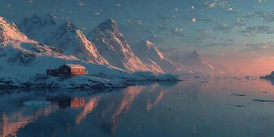 Snow-covered mountains reflect in calm waters at dawn near a cozy cabin in a remote Arctic landscape photo