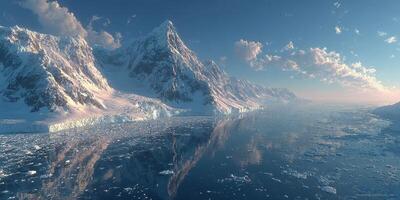 Majestic icy mountains reflecting on calm glacial waters at sunrise in a remote Arctic landscape photo