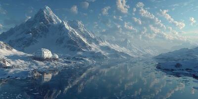 Breathtaking winter landscape with snow-covered mountains and a serene lake under a vibrant sky photo
