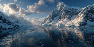 Majestic mountain landscape with icy waters and dramatic clouds reflecting in the serene fjord at twilight photo