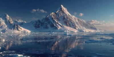 Majestic snow-capped mountain surrounded by icy waters and floating icebergs at dusk photo