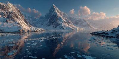 Serene mountain landscape reflecting in the calm waters during sunset in a snowy region photo