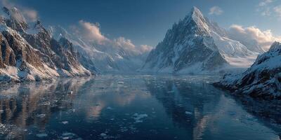 Majestic mountain landscape reflecting on icy waters at dawn in a remote Arctic location photo