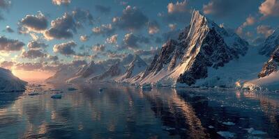 Majestic snow-capped mountains reflecting in calm waters during sunset in a polar region photo