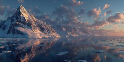 Majestic snow-capped mountains reflect in calm waters during sunrise in a serene Arctic landscape photo