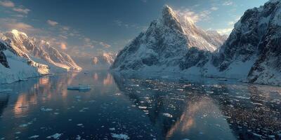 Majestic snow-covered mountains reflect on calm waters at sunset in a remote icy landscape photo