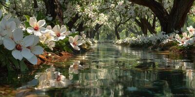 Blossoming trees and serene waters in a tranquil orchard during springtime photo