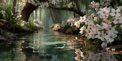 Beautiful spring landscape with blooming flowers and tranquil water in a forest setting photo