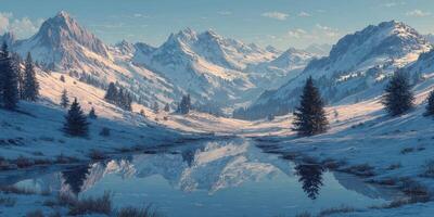 Majestic snow-capped mountains reflect in a serene alpine lake during a tranquil winter morning photo