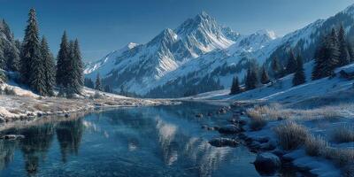 Snow-covered mountains reflect in a tranquil river surrounded by pine trees in a serene winter landscape photo