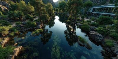Tranquil reflection in a serene garden with lush greenery and calm water under a clear sky photo