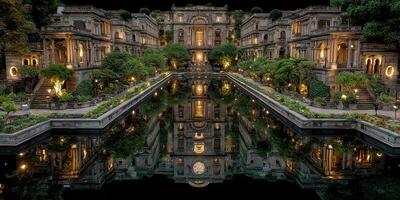 Majestic architectural beauty with serene reflecting pool at twilight in a garden setting photo