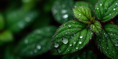 Dewdrops glisten on green leaves after a morning rain in a vibrant garden setting photo
