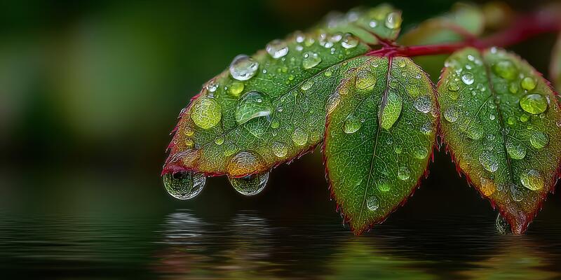 Leaves covered in water droplets reflect light in a serene garden setting during early morning hours
