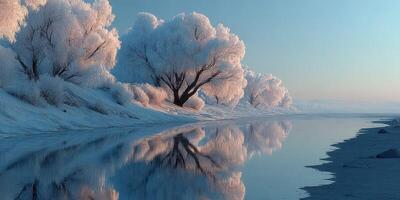 Frosty landscape with serene river reflecting winter trees in a peaceful morning light photo