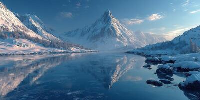 Majestic snowy mountains reflect in tranquil river under blue sky at dawn photo