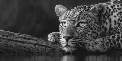 Leopard resting on a log by the water at dusk, showcasing its striking spots and intense gaze in a serene setting photo