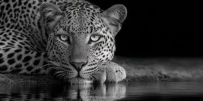 Majestic leopard resting by a tranquil water body in the wild at dusk photo