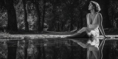 Model sitting by a reflective pond in a serene forest setting during golden hour photo