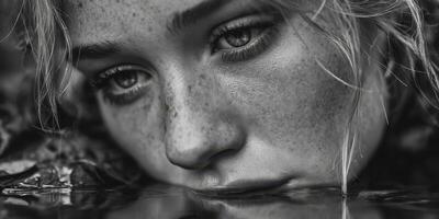 Close up of a young woman with freckles gazing at her reflection in a calm water surface surrounded by nature in black and white photo