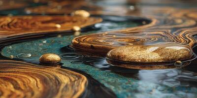 Swirls of gold and blue create a mesmerizing pattern on the surface of water in a tranquil setting photo