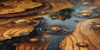 Ripples forming in water on wooden surface create a serene pattern during a quiet afternoon photo