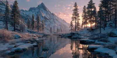 Winter landscape with serene mountain reflection in the river at sunset in a remote wilderness area photo