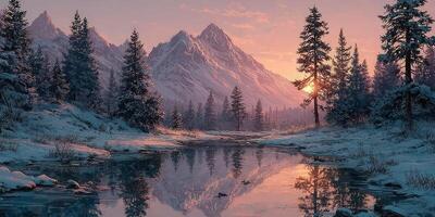 Winter sunset over a snowy mountain landscape with a tranquil river reflecting the sky and trees photo