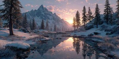 Mountain landscape at sunset with snow-covered trees and a reflective river in winter photo