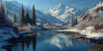 Winter landscape with snow-covered mountains and a serene river reflecting the sky photo