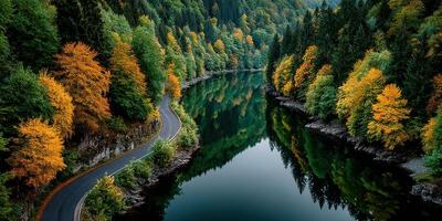 Autumn colors reflect on a serene river surrounded by vibrant foliage in a tranquil natural setting photo